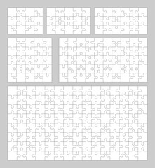 Vector set of jigsaw puzzle. Puzzle pieces grid with different types of details isolated on white background. Mind puzzles piece and business presentation frame. 12,15,18,20,50,120 pieces, mosaics