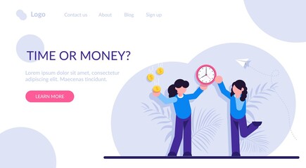 Concept of time or money, work-life balance. Woman resolving dilemma. Making decision or choosing between two options or alternatives, clock and dollar coins. Modern flat illustration.