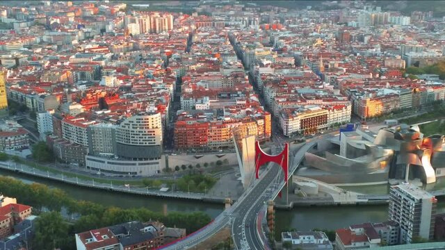 Aerial view of Bilbao, city of Basque Country, Spain. Drone Footage