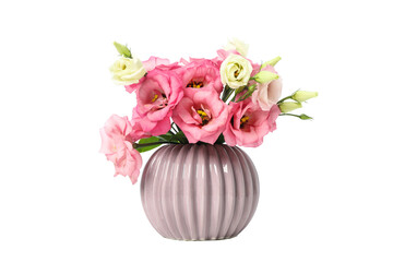 Vase with eustoma flowers isolated on white background