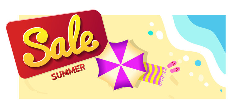 Summer Sale, Promotion banner Offer. horizontal Banner Sunny summer day. vector background template for summer beach vacation. beach umbrella and waves