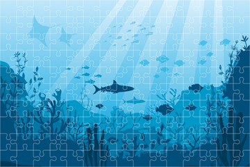 Obraz premium Vector jigsaw puzzle. Puzzles template with rectangle grid and underwater ocean fauna with coral reef, seaweed, algae, mantas, plants, fishes. 150 pieces for mosaic background. Marine underwater life