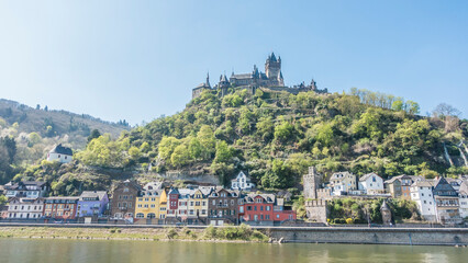 Fototapeta na wymiar Picture of Cochem Castle from river Mosel during daytime in summer 2017