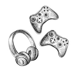 Hand drawn sketch illustration with gaming items. Joysticks and headphones. Vacation concept © Lucky Project