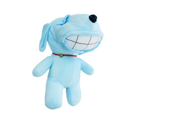 blue cute Dog doll show smile with bell dog collar isolated on white background