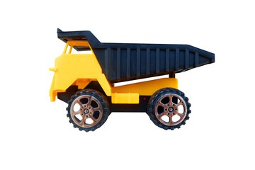 Tipper truck toy is made from plastic isolated on white background