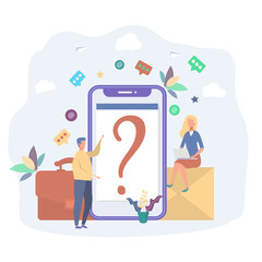 People are asking questions. Concept company asks people about the quality of services received. Question answer. Frequently asked Questions. Colorful vector illustration.