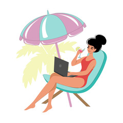Vector illustration with beautiful girl sitting at a computer in a red bathing suit and drinking a cocktail on the beach