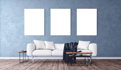 White posters on wall in living room interior. Blank frames mockup for you design.