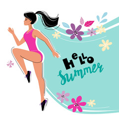 A young girl in a pink bathing suit is jogging and the inscription hello summer