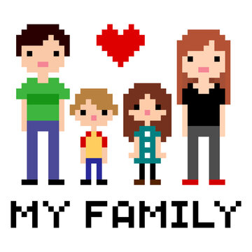 Love my family pattern. Pixel Parents and children image. Vector Illustration of pixel art.
