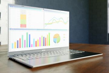 Enterprise financial report with graphs and charts on a screen of modern laptop on wooden table. Selective focus on screen. Copy space at blurry background. Profit growth chart. Close-up. 3d rendering