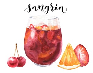 Watercolor sangria Spanish cocktail isolated on white background. Hand drawn drink illustration. - obrazy, fototapety, plakaty