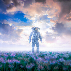 Stepping into dreams / 3D illustration of surreal science fiction scene with lone astronaut walking through field of flowers under glorious sky © grandeduc