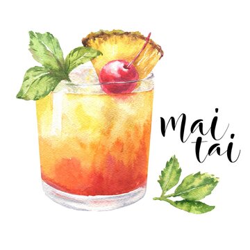 Watercolor mai tai cocktail isolated on white background. Hand drawn drink illustration.