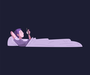 Guy Lying in the Bed with Smartphone at Night, Person Playing Online Video Game or Chatting on Social Networks Cartoon Vector Illustration