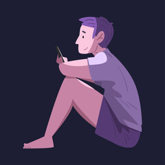 Guy in Pajamas Sitting with Smartphone at Night, Person Using Gadget for Playing Online Video Game or Chatting on Social Networks Vector Illustration