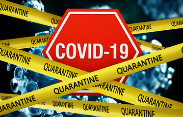 Covid-19 signboard among yellow tapes with quarantine word. 3D illustration