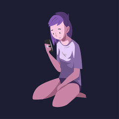 Girl in Pajamas Sitting with Smartphone at Night, Person Using Digital Gadget for Playing Online Video Game or Chatting on Social Networks Vector Illustration