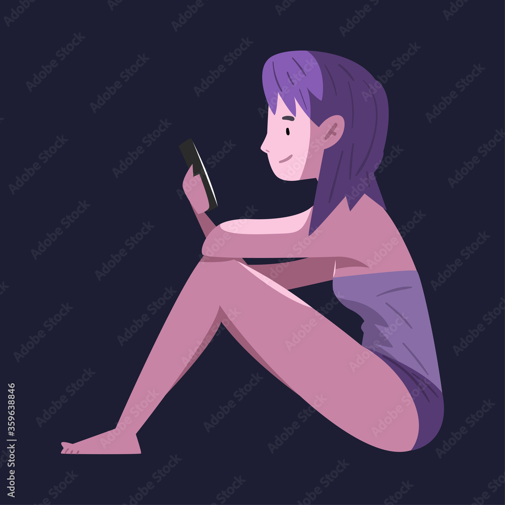 Wall mural Girl in Underwear Sitting with Smartphone at Night, Person Using Digital Gadget for Playing Online Video Game or Chatting on Social Networks Vector Illustration