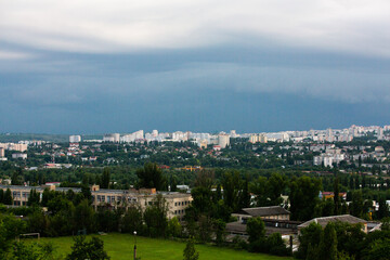 Chisinau, the capital city of the Republic of Moldova. Storm clouds over city. Cloud over the city at the sunset.
