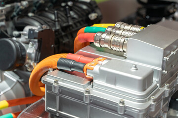 close up view of detailed electric car pipe line in engine cooling system