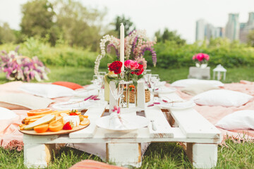 Festive summer picnic with tasty snacks, fruits and wine, decorated with beautiful flowers and candles in pink colors for hen-party. Good food serving. Event agency. Selective focus