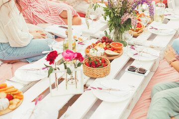 Group of young women enjoying a summer picnic with tasty snacks, cheese, fruits, strawberry berries, white wine and cold lemonade. Food and drink concept. Friendship and fun, Flowers decoration