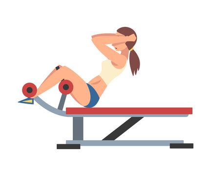 Woman Training On Abdominal Crunch Bench Vector Illustration