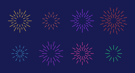 Celebration star fireworks burst pattern set. Flat colorful star shaped firework pattern collection isolated on blue background. New year celebration decoration, birthday party festive graphic design