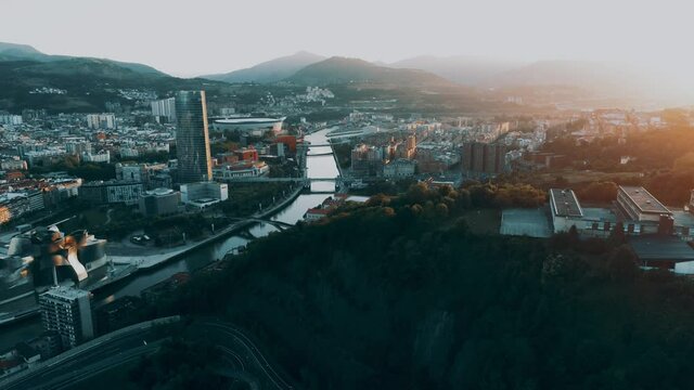 Aerial view of Bilbao, city of Basque Country, Spain. Drone Footage
