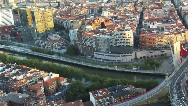 Aerial view of Bilbao, city of Basque Country, Spain. Drone Footage
