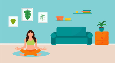 A girl is meditating in her living room. Love yourself. Maintaining psychological and mental health. Keep calm. Relax. Meditation concept. Healthcare Vector illustration.