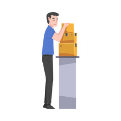 Man Standing at Table Packing Cardboard Boxes Preparing Goods For Dispatch Cartoon Vector Illustration