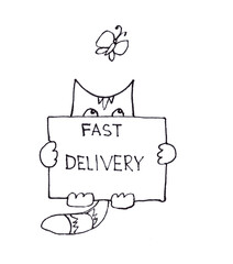 a graphic drawing of a striped cat and a butterfly sits with box with written - fast delivery