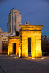 Madrid Templo de Debod ancient Egyptian temple in the sky on Madrid spring, Spain