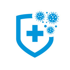 Bacteria virus protection logo. Coronavirus 2019-nCoV bacteria  outbreak stop shield sign. Isolated vector blue icon of virus on white background for poster, banner, flyer