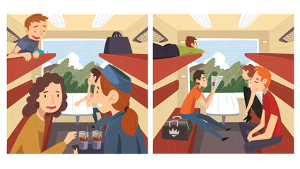 People Travelling by Train Set, Cheerful Men and Women Sitting in Passenger Railway Transport and Talking to Each Other, Train Interior Vector Illustration