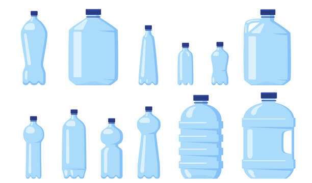 Various water plastic bottles flat icon set. Beverage different packaging and liter containers isolated vector illustration collection. Consumption and drink concept