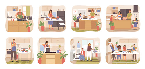 People cooking in the kitchen. Collection of various people cartoon character preparing food