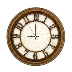 Wooden round analog wall clock isolated on white background, its nine oclock.