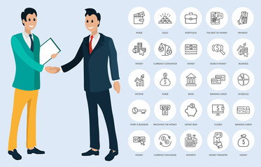 Workers shaking hands, round buttons or links. Purse and gold, portfolio and payment, currency converter and exchange, search and receiving money vector