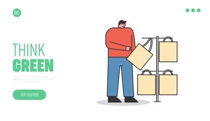 Think green template landing page with man buying eco bag in shop. Zero waste shopping concept