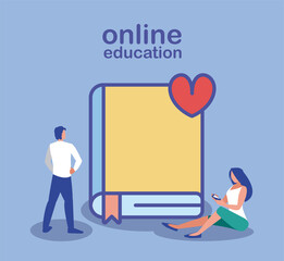 online education , people with smartphone, books on background