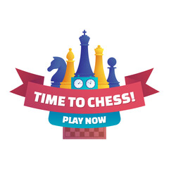 Time to chess, play now isolated sticker. Chess club label design with chess pieces, double chess clock and chessboard. Intellectual duel and tactical battle on chess board vector illustration.