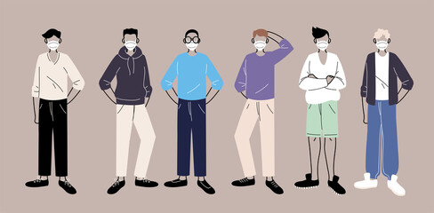 people in protective medical face masks, men wearing protection from coronavirus