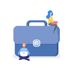 Obraz premium Man and woman working with laptop, handbag accessory on white, workers characters using computer, teamwork with wireless device, colleagues vector