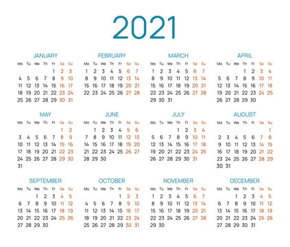 Universal calendar layout for 2021 year. English template with dates grid on white background. Week starts from Monday. Horizontal annual calendar vector design for time organization and planning.
