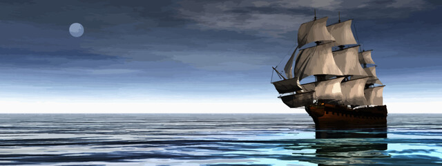 Beautiful old merchant ship floating on quiet water by day with moon