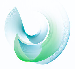 Curved blue and green surfaces lay beautifully on a white background. Graphic design element. Technical symbol or logo. 3D rendering. 3D illustration.